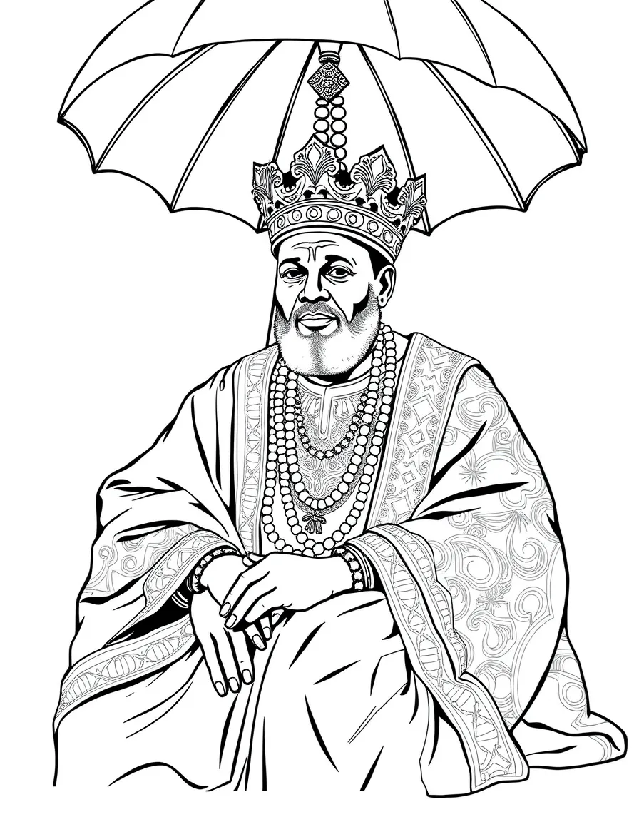(Nigeria) A Yoruba king (Oba) in ornate traditional robes and a beaded crown sitting under a royal umbrella.