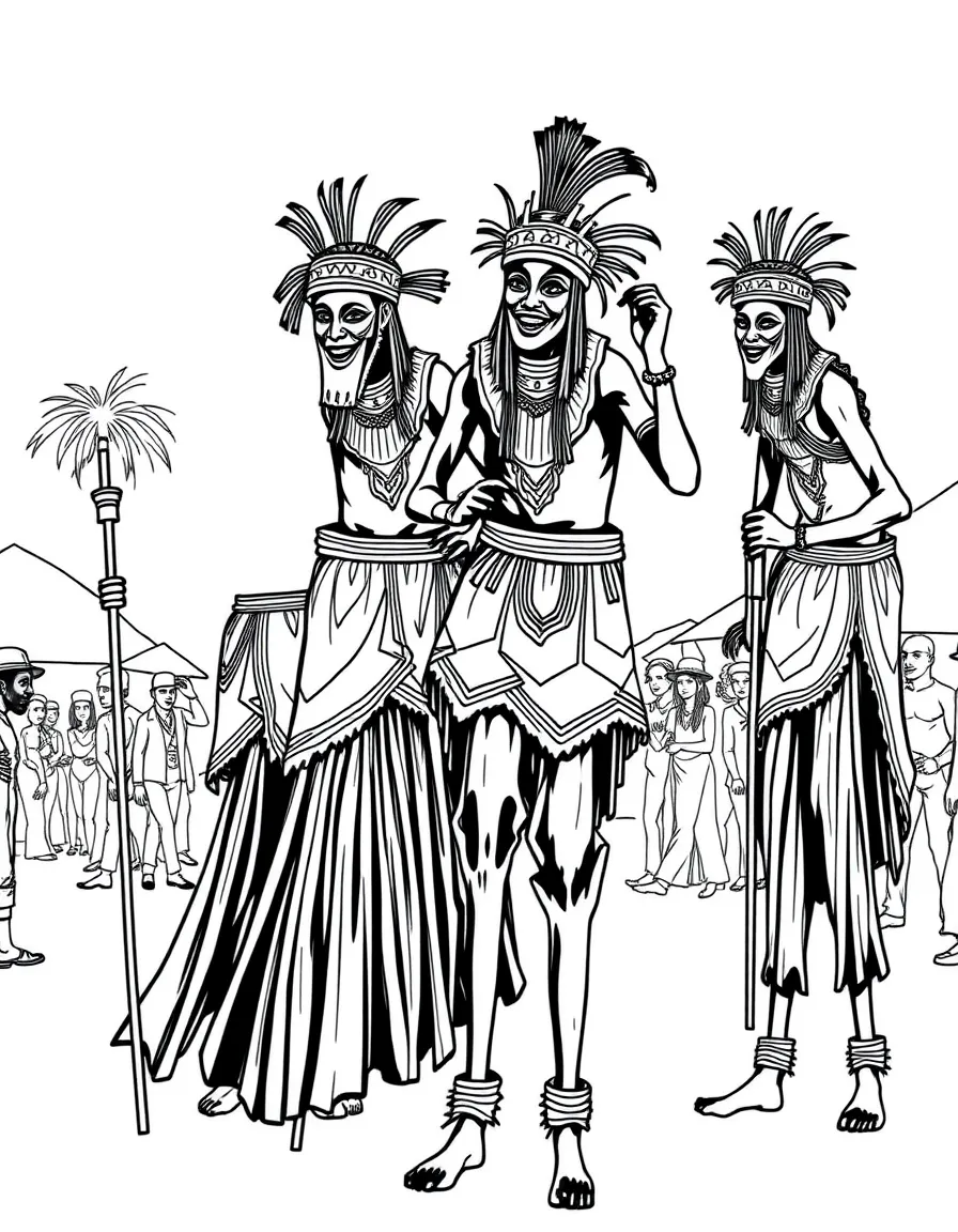 (Nigeria) Tall stilt dancers performing in masquerade costumes at a village festival.