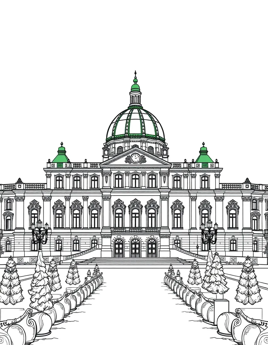 (Russia) The Winter Palace in St. Petersburg, a grand green-and-white royal building.