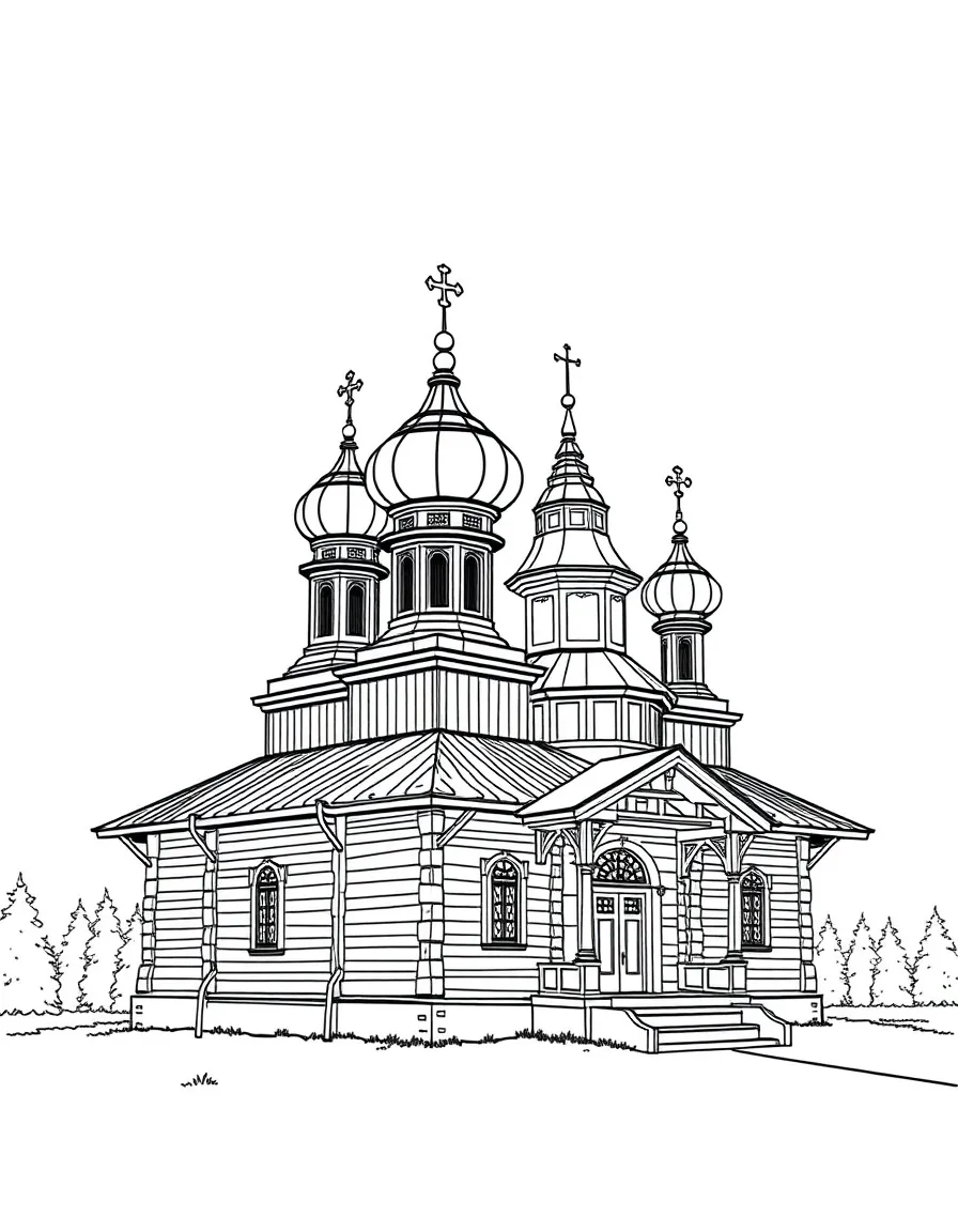 (Russia) A wooden Orthodox church with multiple onion domes, like those in a Siberian village.