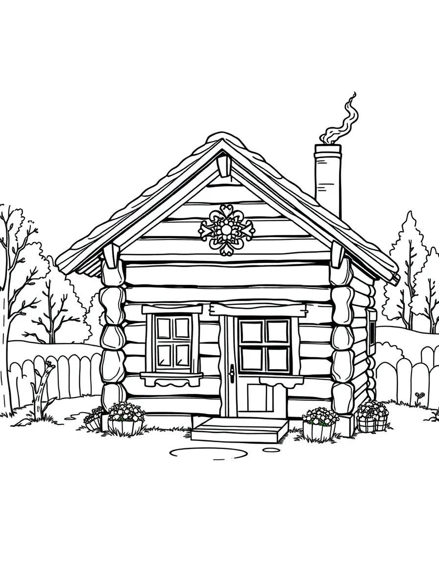 (Russia) A cozy log cabin (izba) in a village, with decorative wooden window frames and smoke from the chimney.