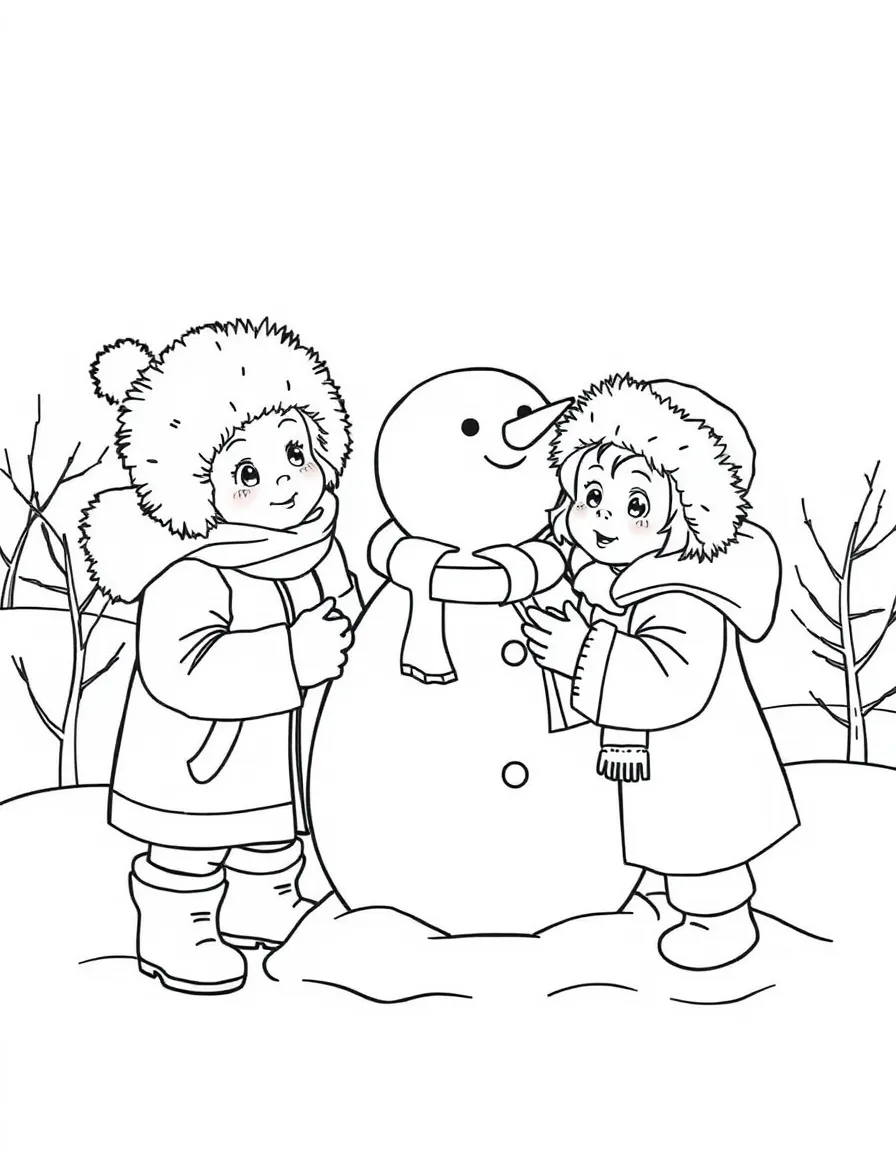 (Russia) Children bundled in coats and fur hats building a snowman in a Russian winter.