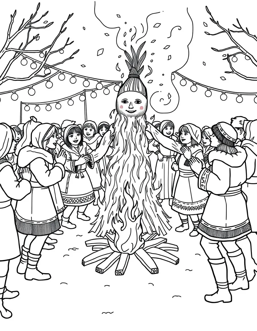 (Russia) People celebrating Maslenitsa by dancing around a bonfire with a straw effigy of winter.