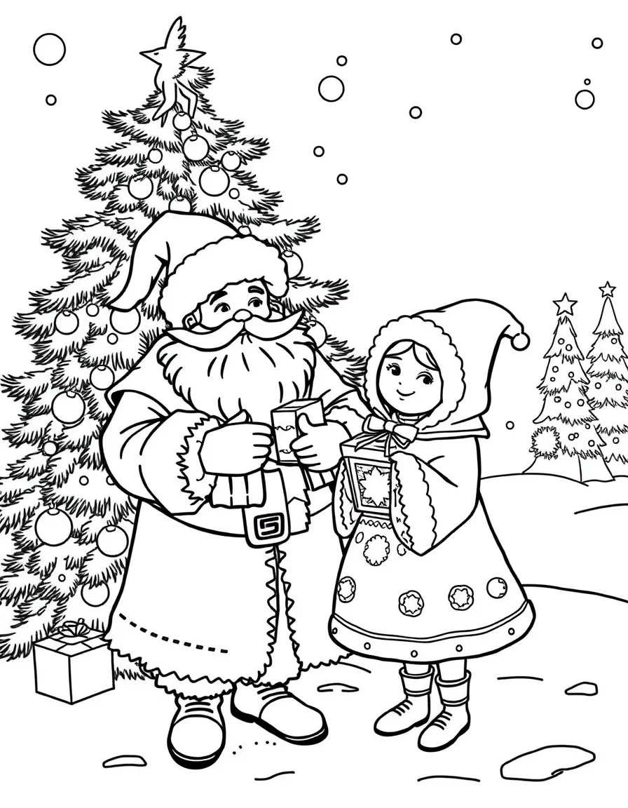(Russia) Ded Moroz (Father Frost) and Snegurochka (Snow Maiden) delivering gifts by a New Year tree.