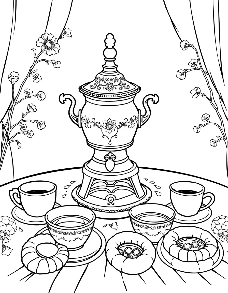 (Russia) A table with a samovar (tea kettle) surrounded by tea cups, jam, and bread rings.
