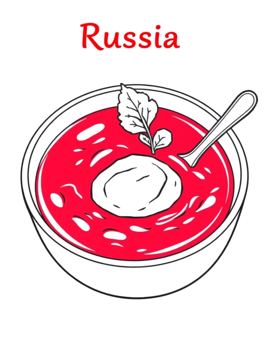 (Russia) A bowl of hot borscht soup (beet soup) with a dollop of sour cream on top.