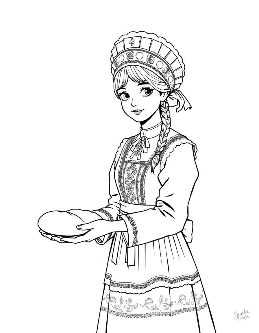 (Russia) A girl in a traditional Russian dress (sarafan) and kokoshnik headdress offering bread and salt.