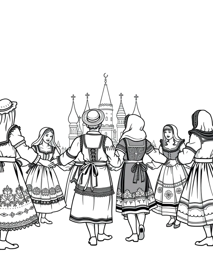 (Russia) A group of people in folk costumes dancing in a circle hand-in-hand.