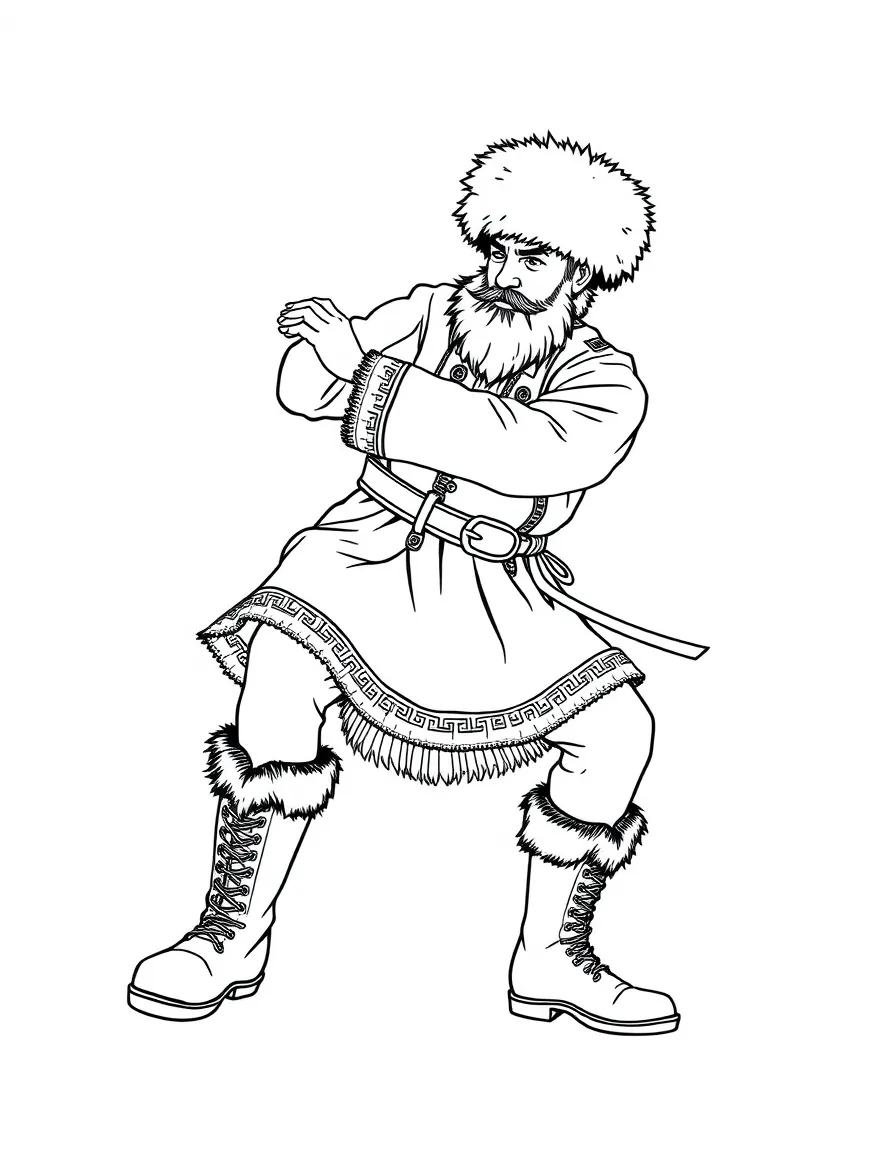 (Russia) A Cossack dancer in boots and a fur hat doing a low squat kick dance.