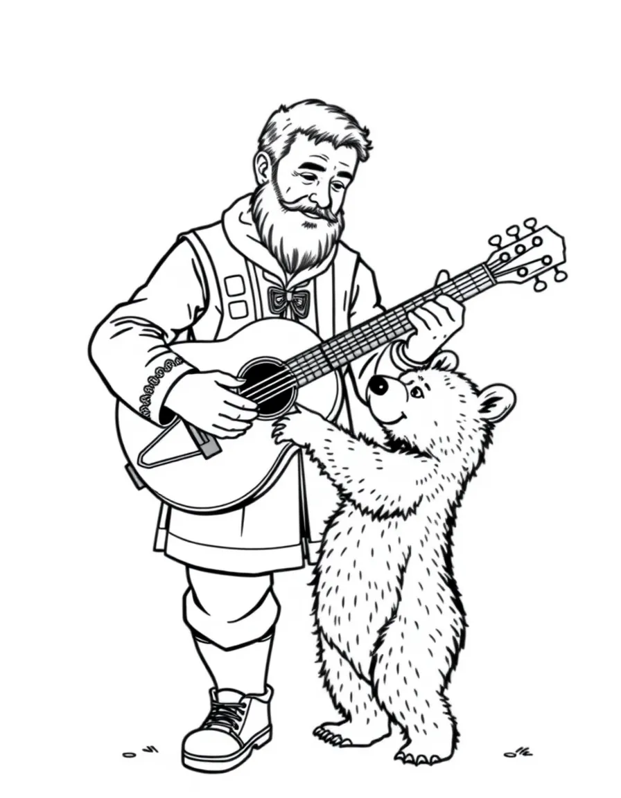 (Russia) A man playing a balalaika (triangular guitar) while a bear cub dances playfully.