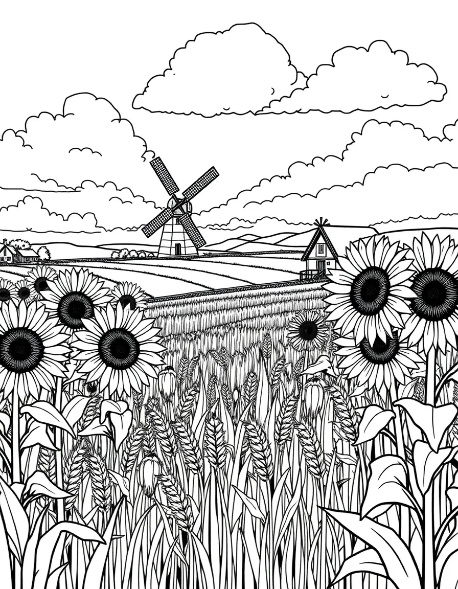 (Russia) A field of sunflowers and wheat with a windmill and farmhouse in the distance.