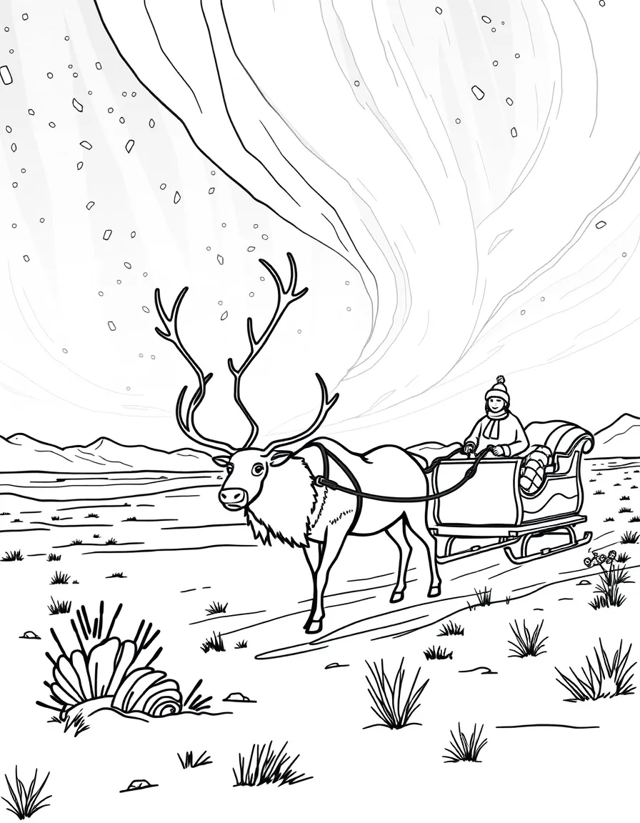 (Russia) Reindeer pulling a sleigh across the Arctic tundra with the Northern Lights above.