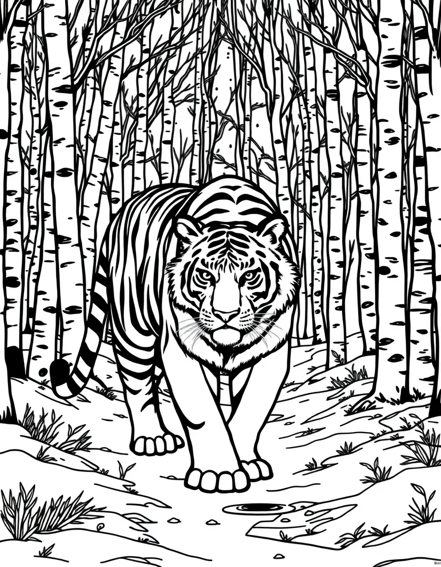 (Russia) A Siberian tiger walking through a snowy forest of birch trees.