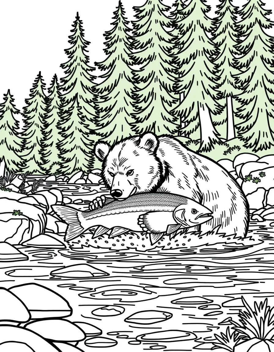 (Russia) A brown bear catching salmon from a river in a green forest.
