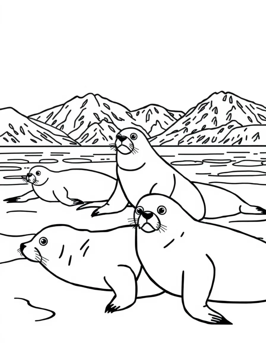 (Russia) Seals lounging on the ice of Lake Baikal with snowy mountains behind.
