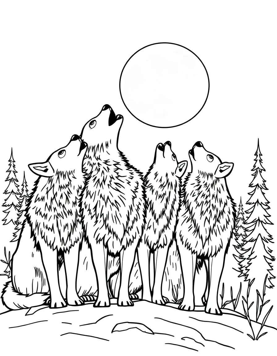 (Russia) A pack of wolves howling together under a full moon in winter.