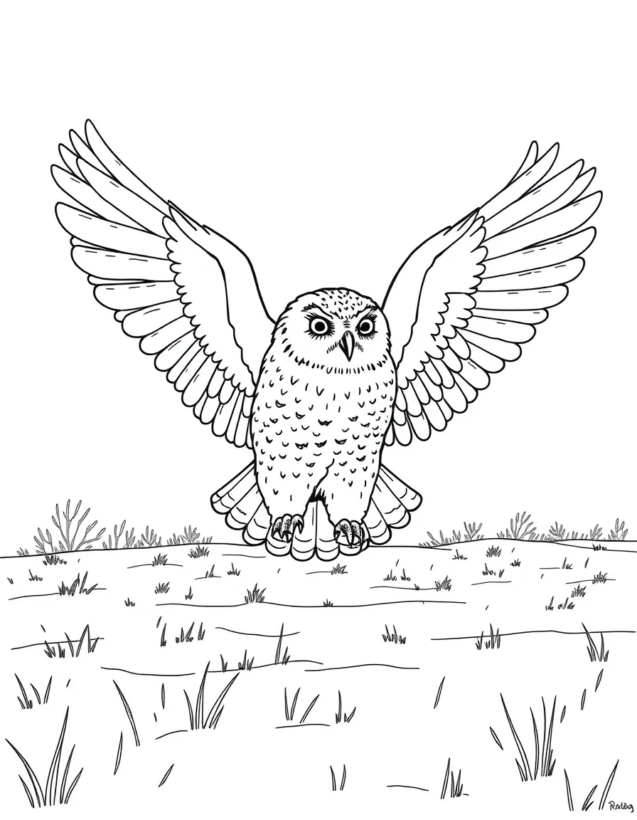 (Russia) A snowy owl with wide wings flying over a frozen field.