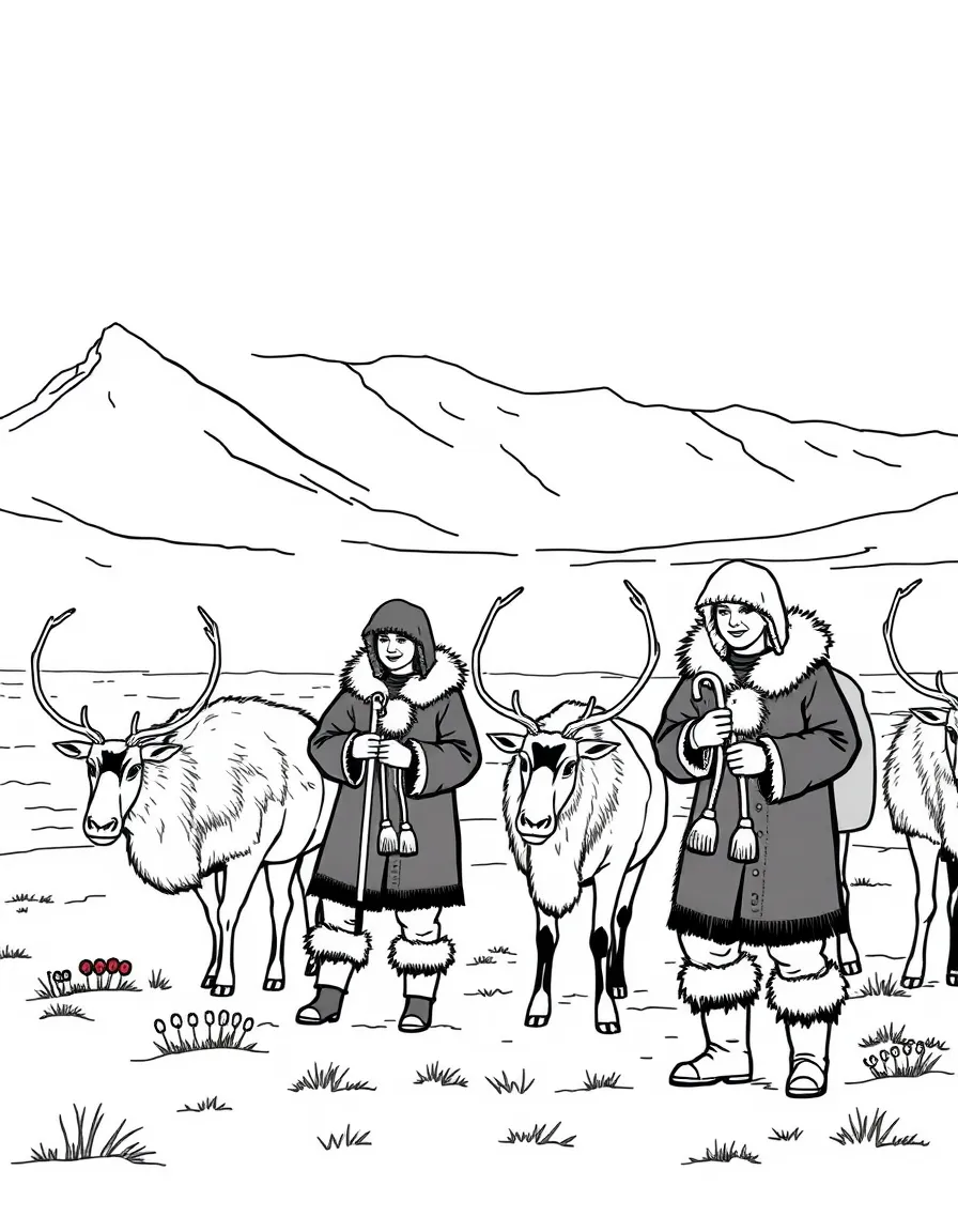 (Russia) Nomadic Nenets people in fur clothing tending to their reindeer herd on the tundra.