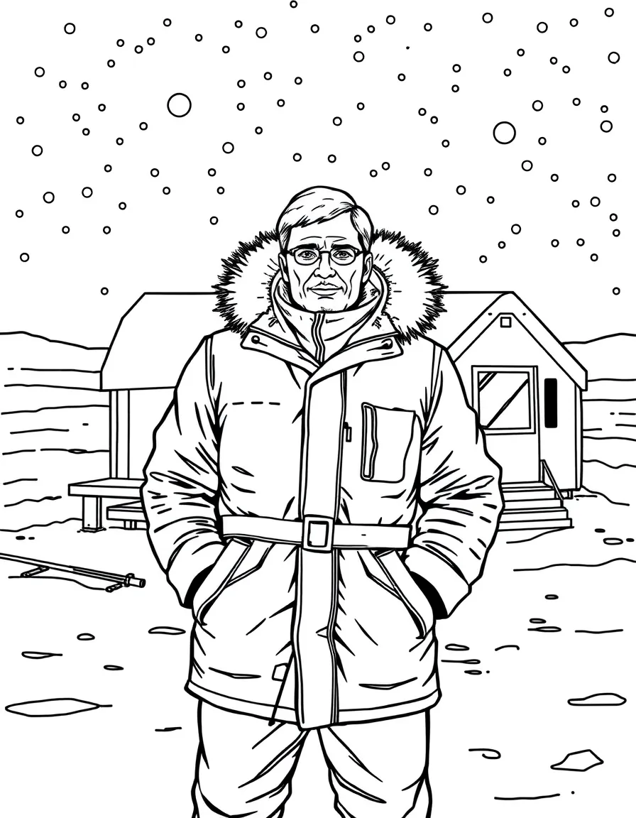 (Russia) A scientist in a thick coat standing at a research station in the Arctic snow.