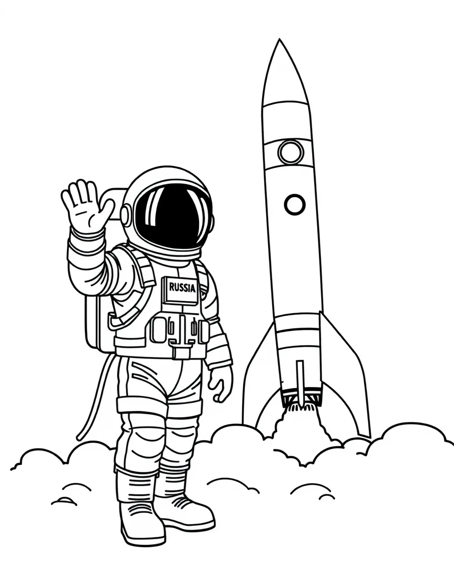 (Russia) A cosmonaut in a space suit waving next to a rocket ready to launch.