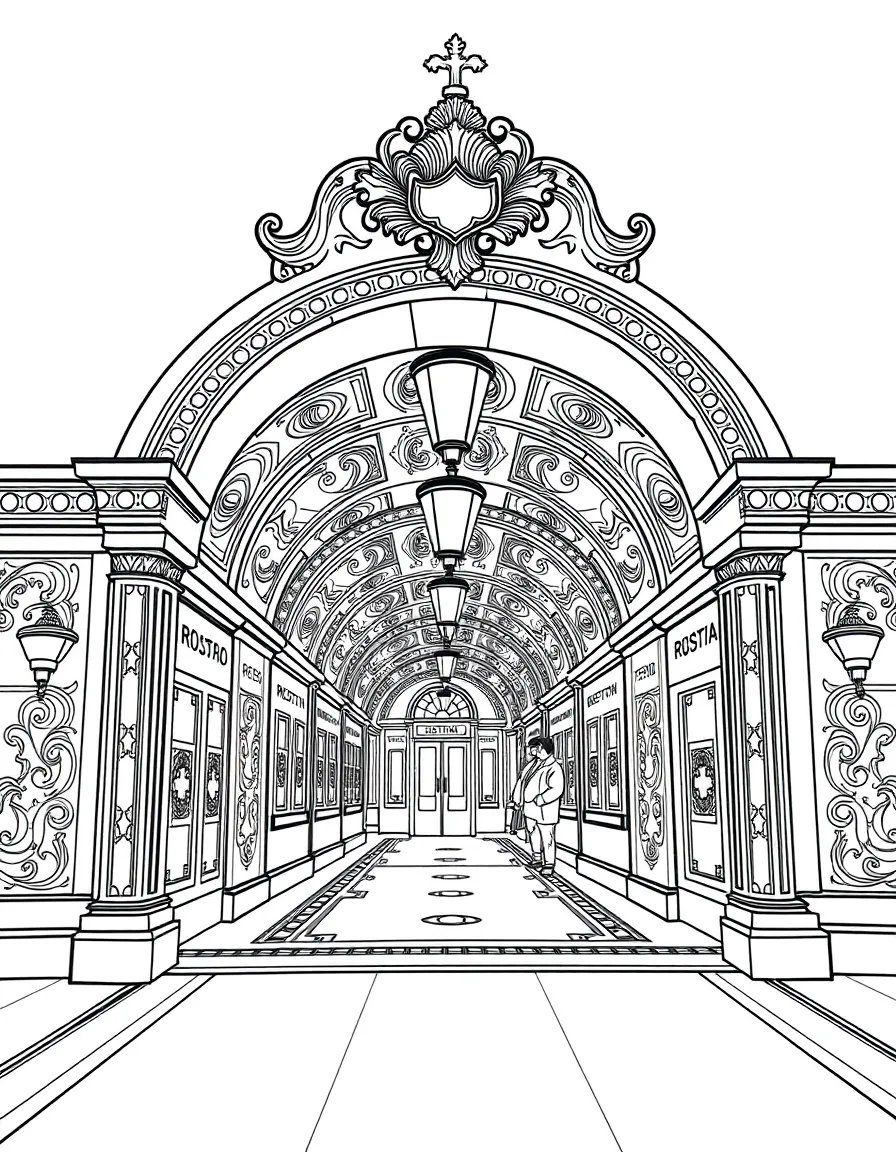 (Russia) The Moscow Metro entrance with ornate arches and mosaics inside the station.