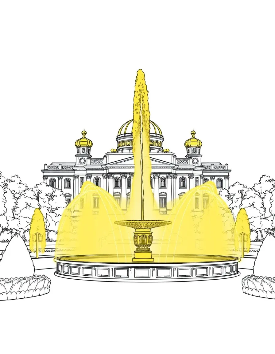 (Russia) The Peterhof Palace gardens with golden fountains spraying water high.