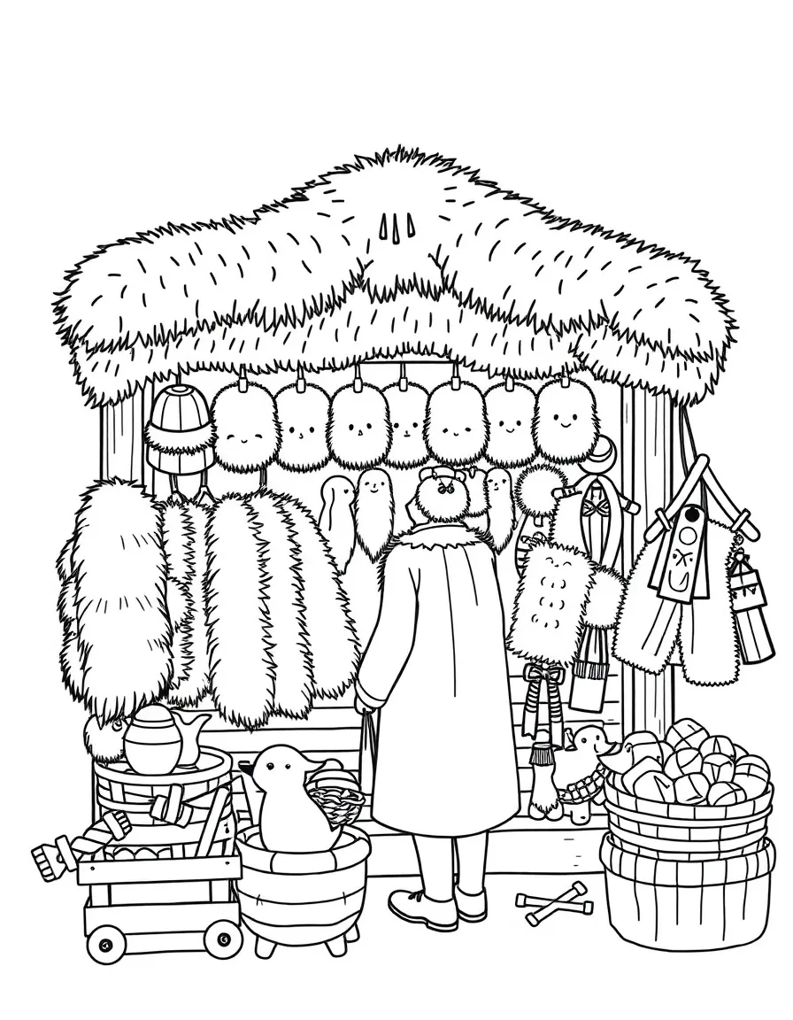 (Russia) A traditional Russian market stall selling fur hats, shawls, and wooden toys.
