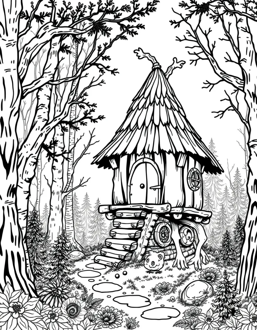 (Russia) A fairy-tale scene of Baba Yaga’s hut standing on chicken legs in a deep forest.