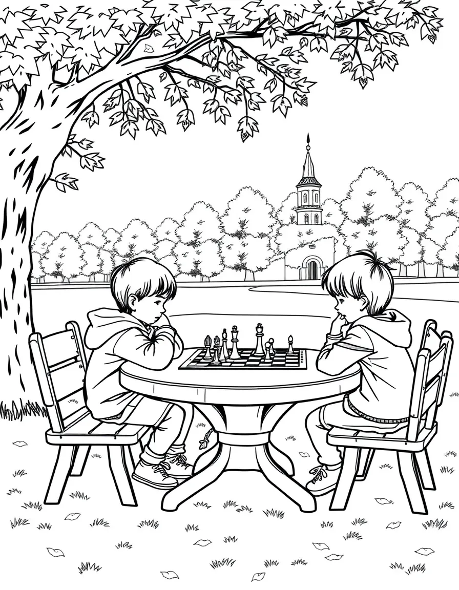 (Russia) Children sitting at a table playing chess in a park under autumn trees.