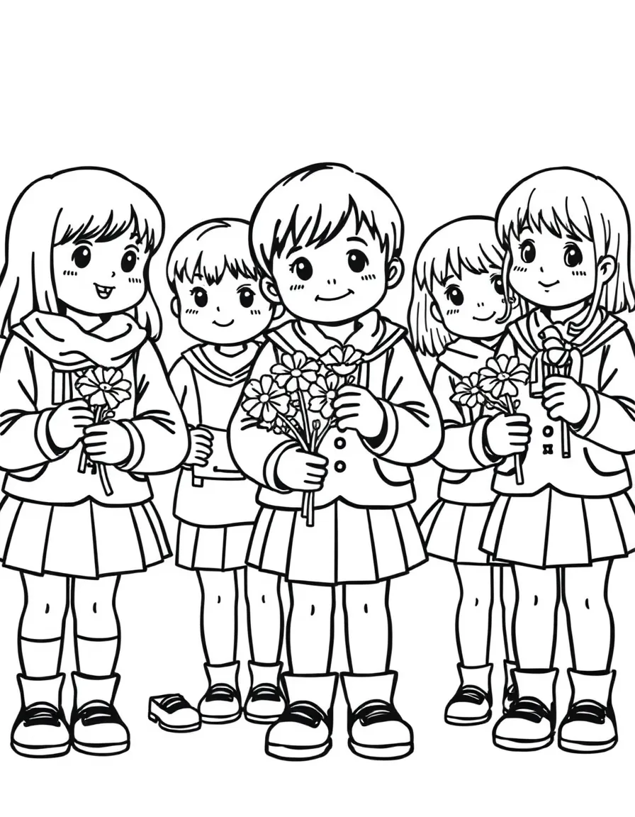 (Russia) A group of schoolchildren in uniform on the first day of school holding flowers (Knowledge Day).
