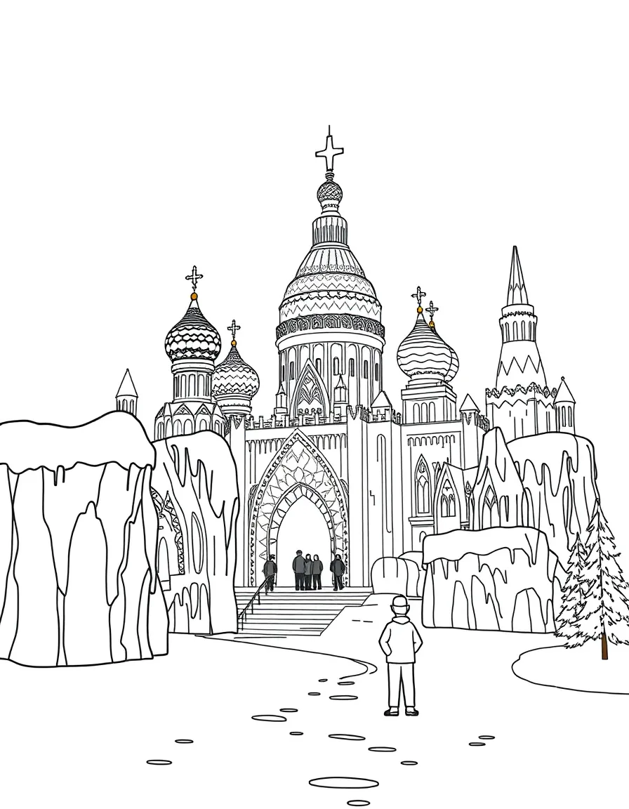 (Russia) An ice sculpture festival display with large sparkling ice castles in winter.