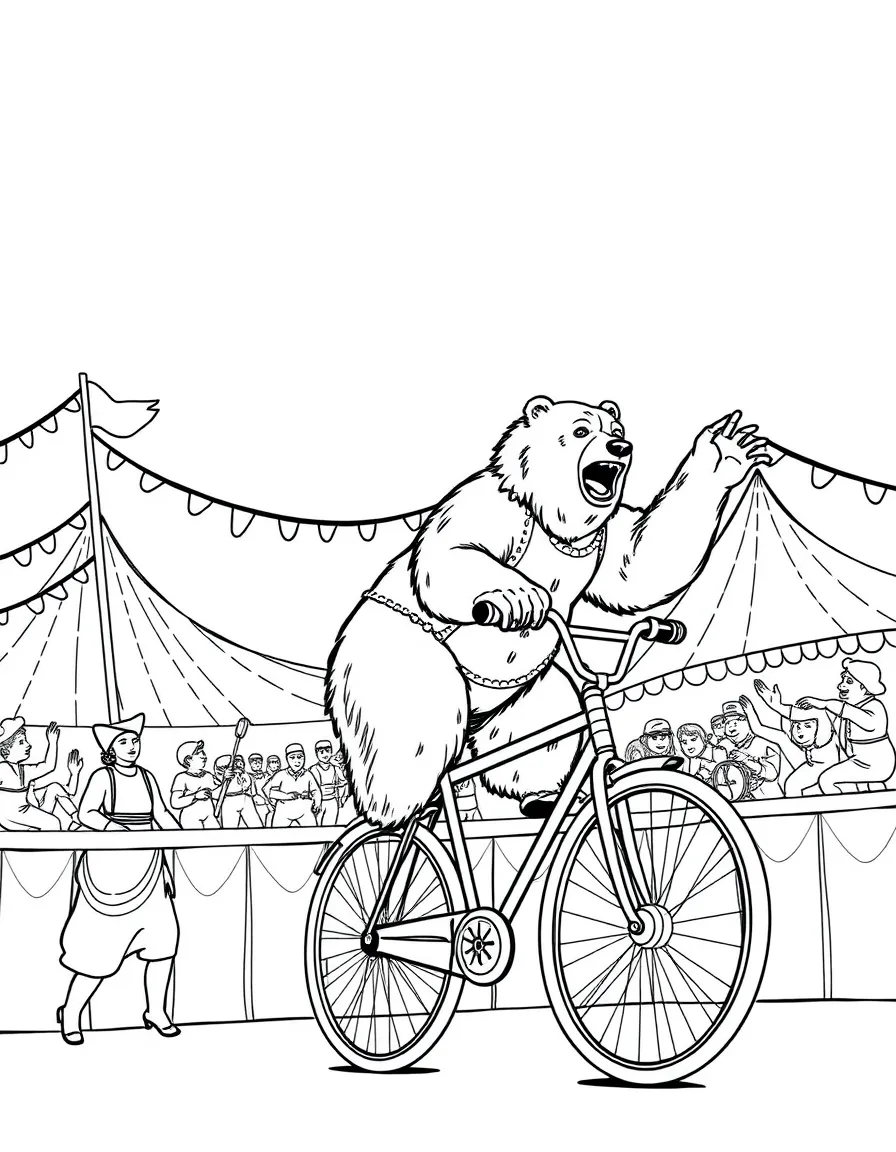 (Russia) A lively circus scene with acrobats and a trained bear riding a bicycle (Russian circus).