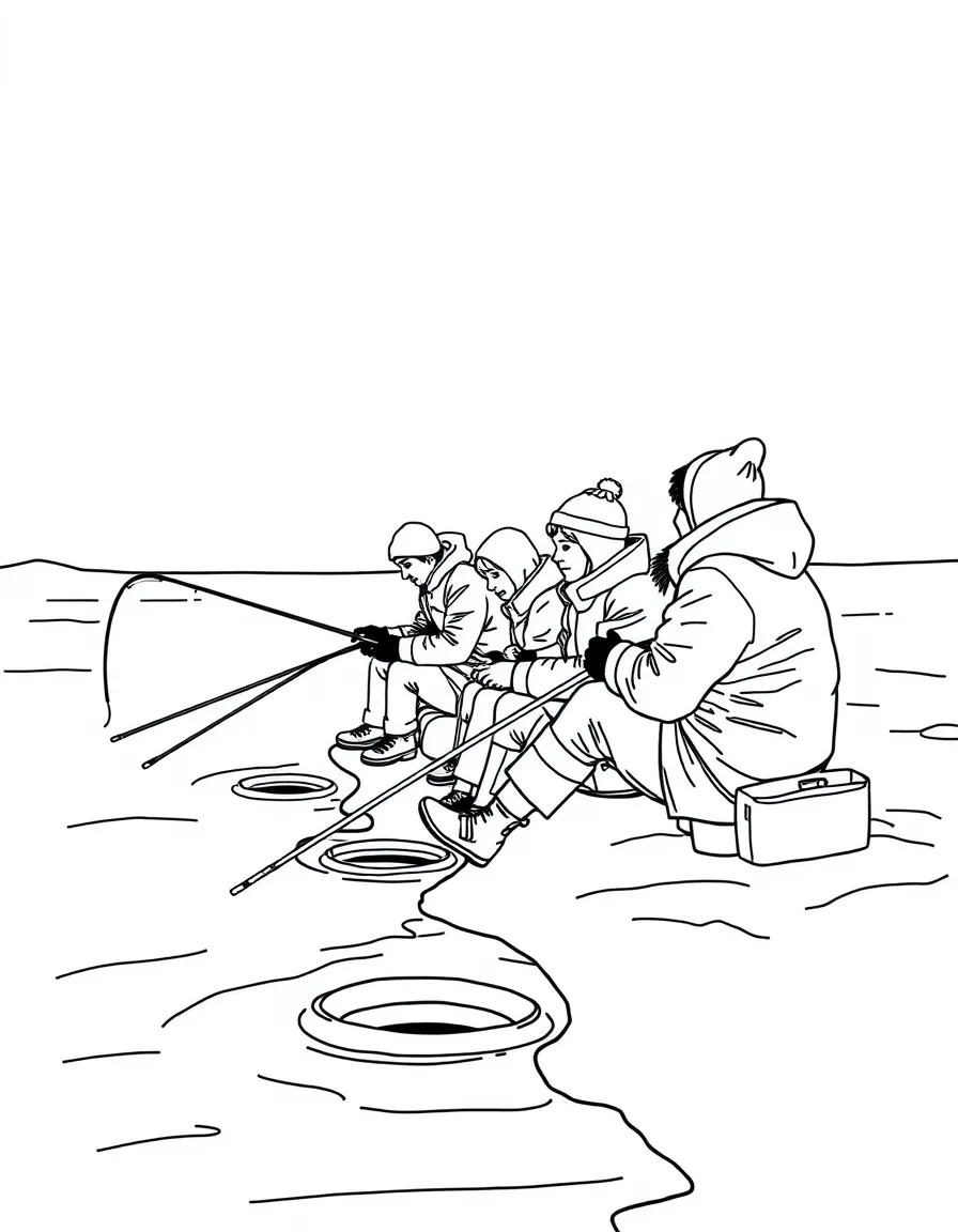 (Russia) People ice fishing on a frozen lake in winter, sitting by holes in the ice with their fishing rods.