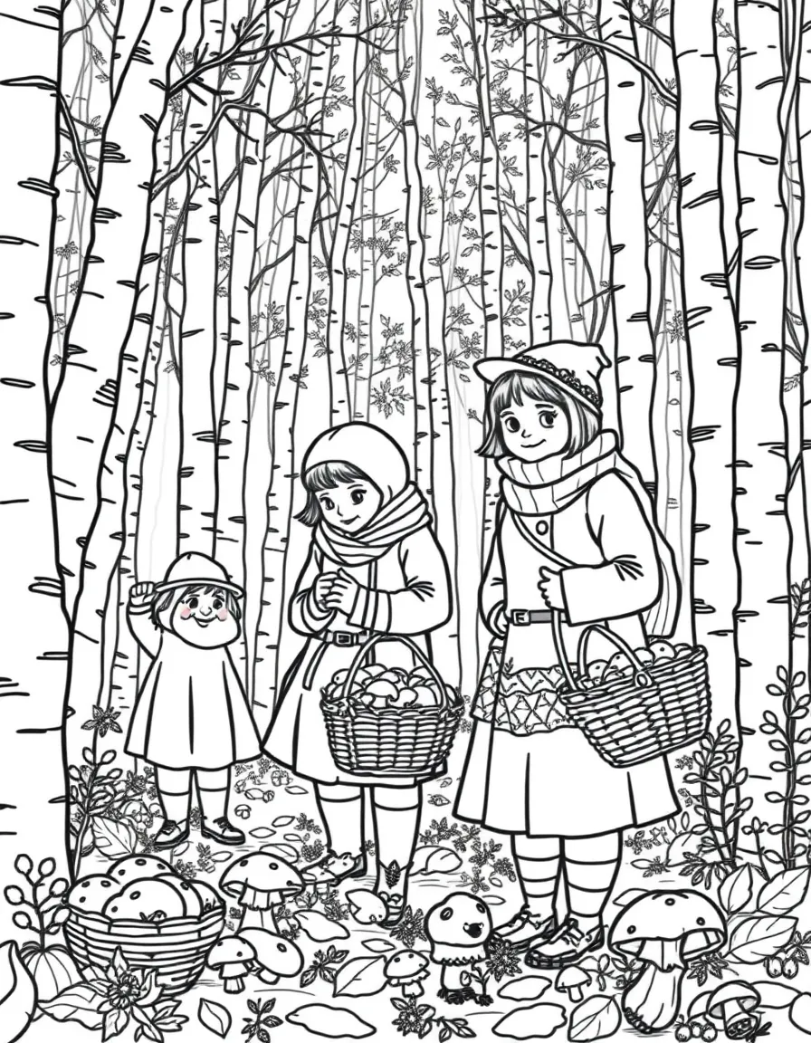 (Russia) Families foraging for mushrooms in a birch forest during autumn, with baskets full of mushrooms.