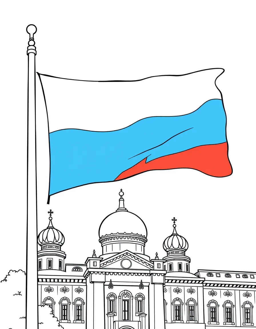(Russia) Russia’s tricolor flag (white, blue, and red) waving on a flagpole in front of a building.