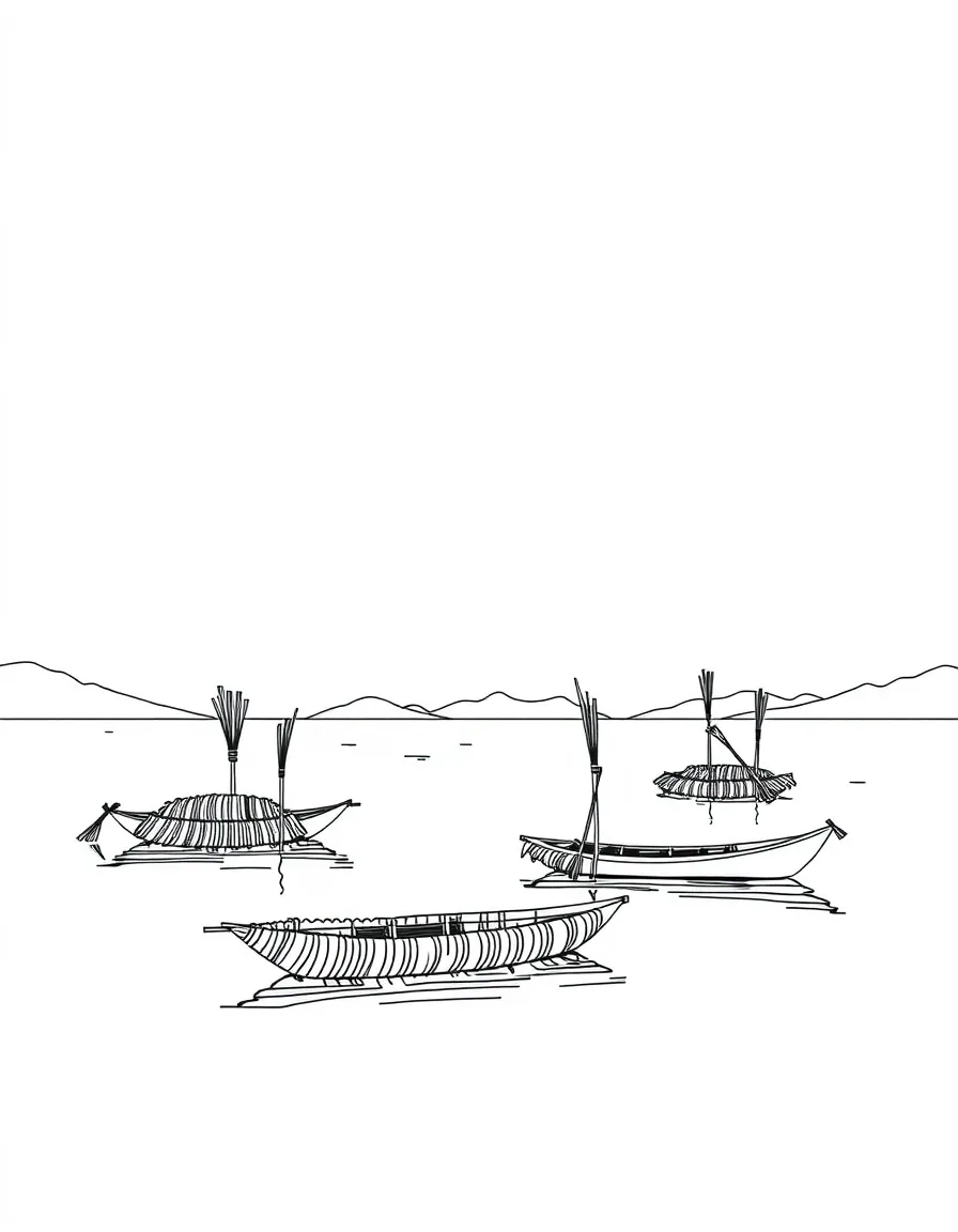 (Peru) Lake Titicaca with floating reed islands and boats made of bundled totora reeds.