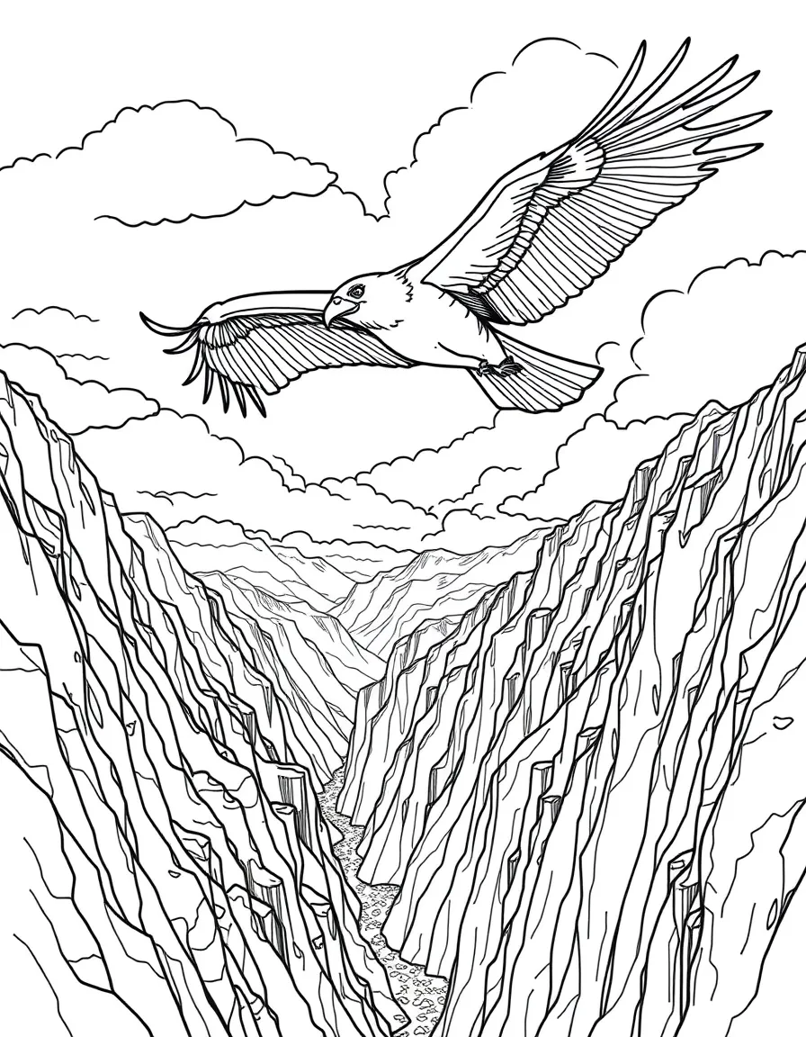 (Peru) The deep Colca Canyon with a giant Andean condor gliding through the sky.
