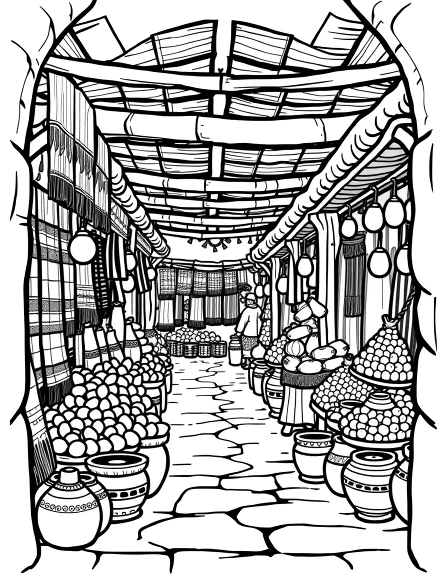 (Peru) A traditional Andean market with stalls selling woven textiles, pottery, and fruits.