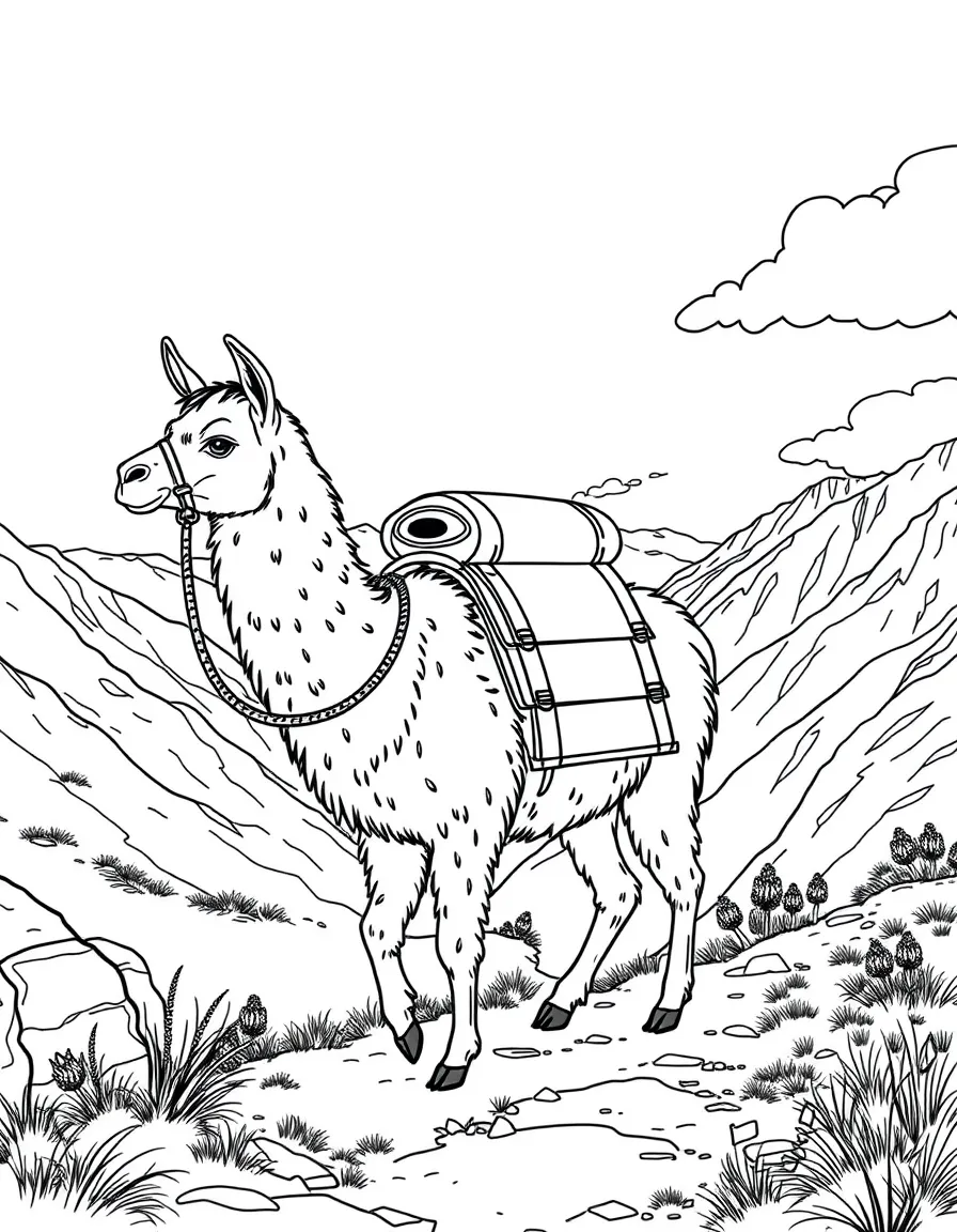 (Peru) A llama carrying cargo packs along an old Inca trail in the mountains.
