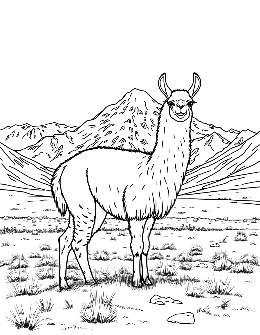 (Peru) A wild vicuña (camelid) standing on the high Andean plains with snowy peaks behind.