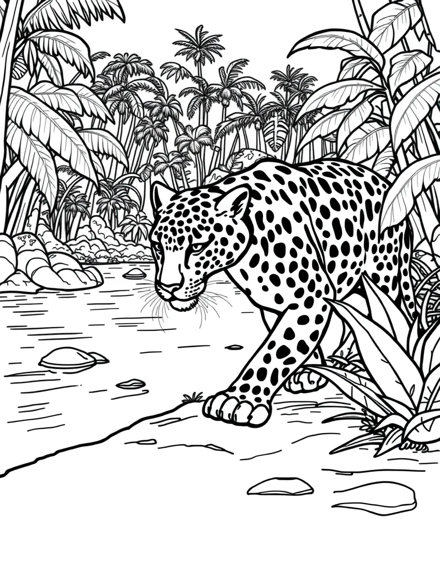 (Peru) A stealthy jaguar walking beside a river in the Amazon jungle.