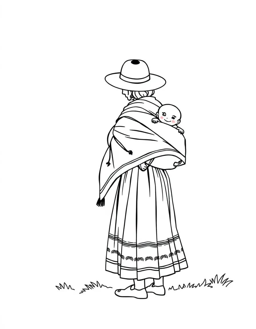 (Peru) An Andean woman in a bright skirt and bowler hat carrying a baby on her back in a blanket.