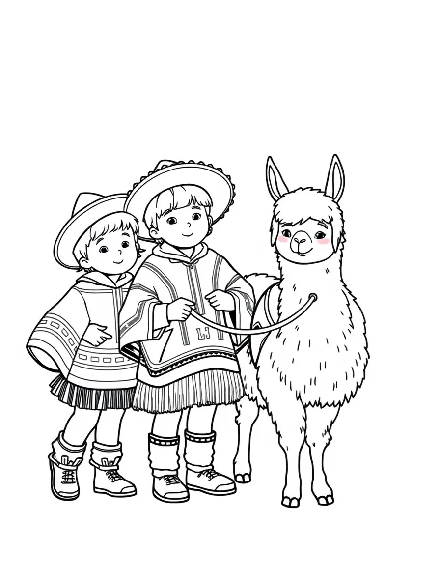 (Peru) Children wearing traditional Peruvian ponchos and chullo hats, leading a llama by a rope.