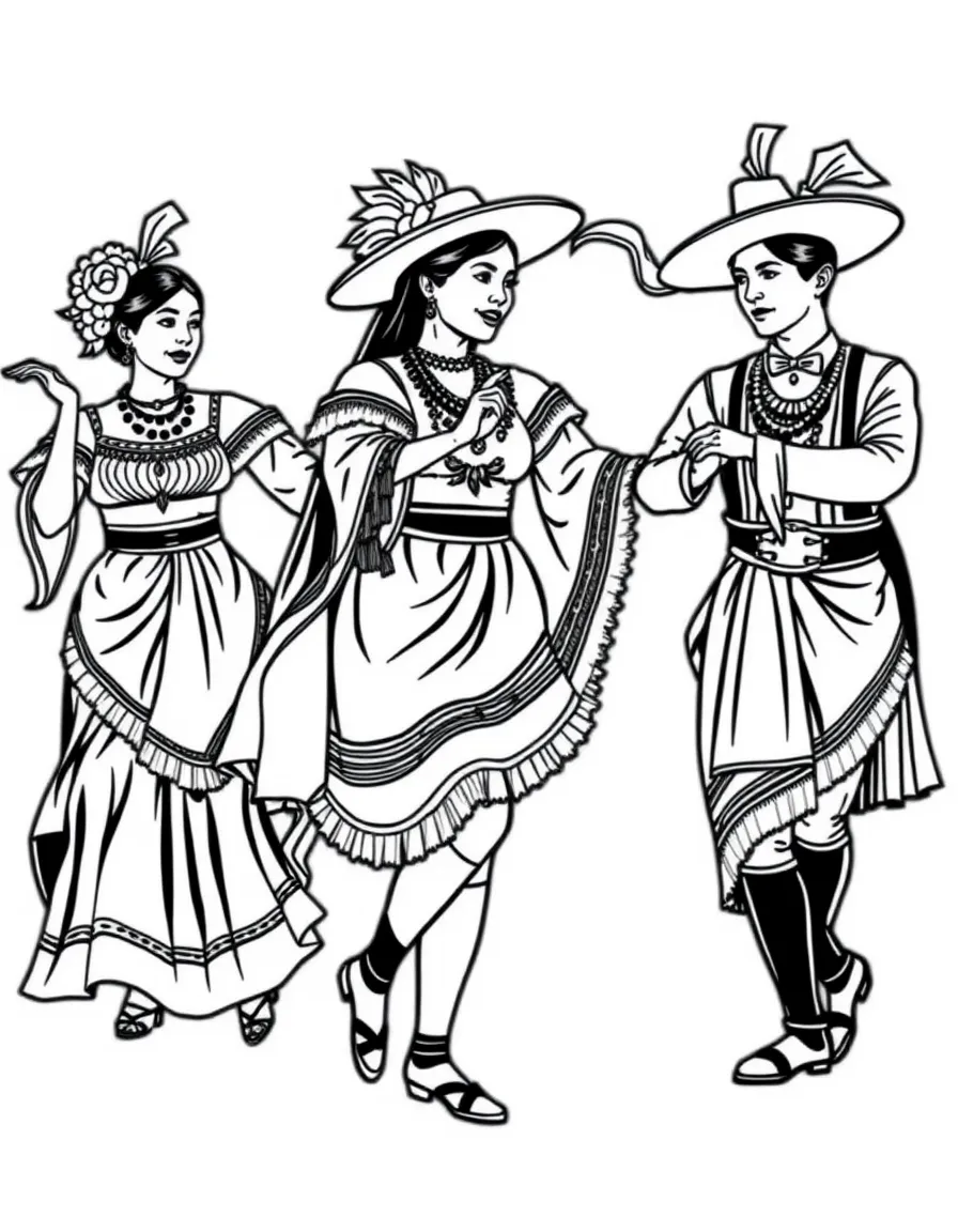 (Peru) Dancers in elegant outfits performing the Marinera, a traditional Peruvian dance, waving handkerchiefs.