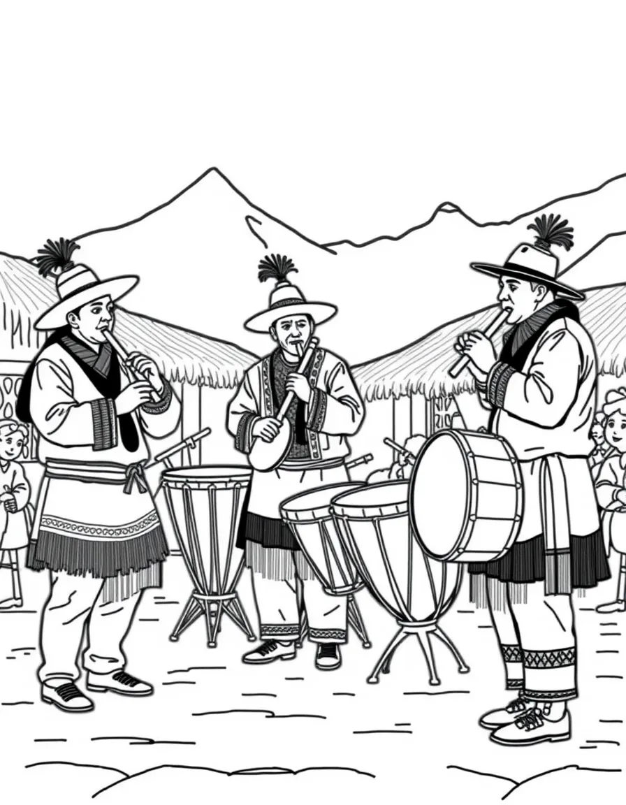 (Peru) A group of musicians playing Andean pan flutes and drums in a village square.