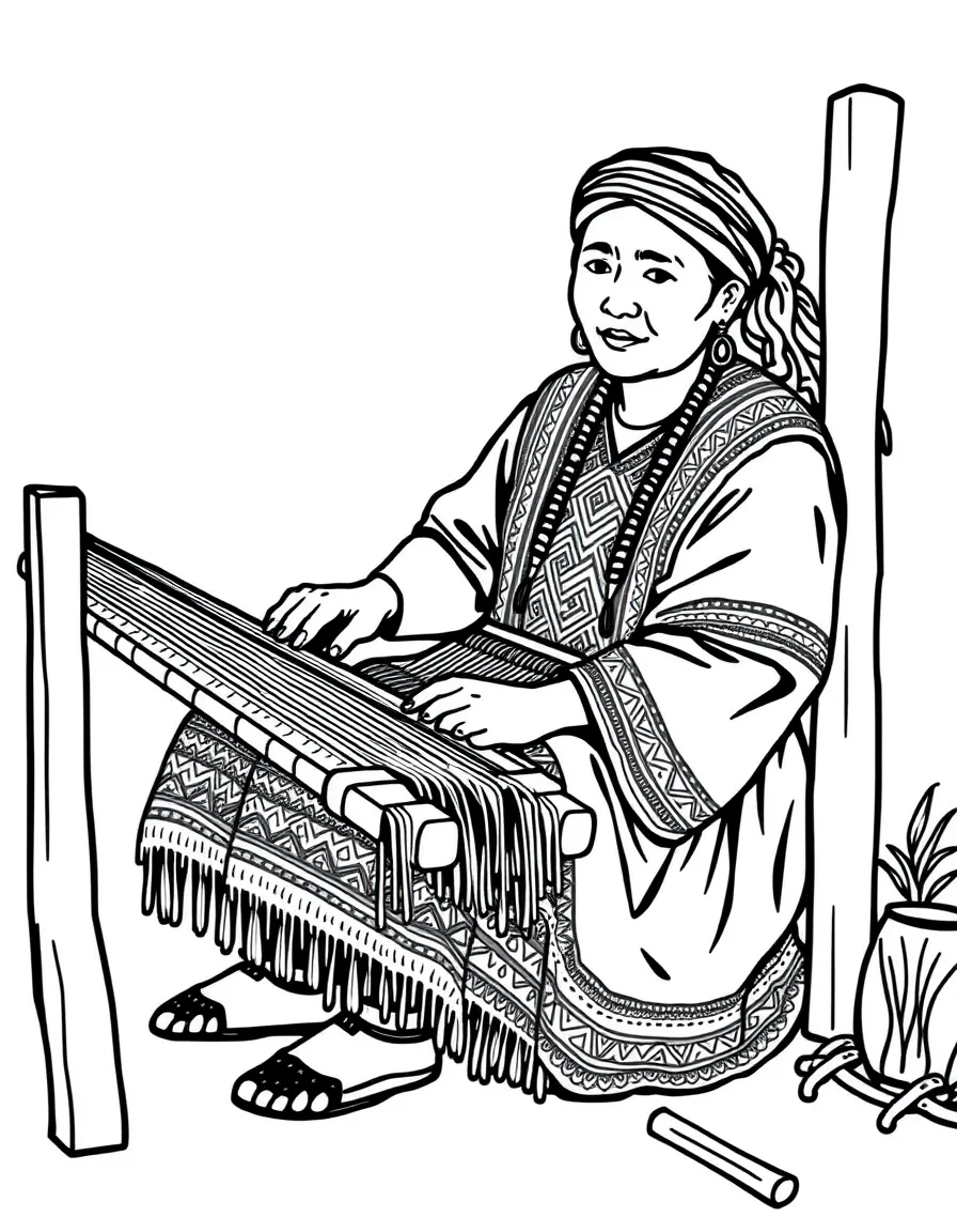 (Peru) A Quechua weaver sitting at a loom, weaving a colorful patterned textile.