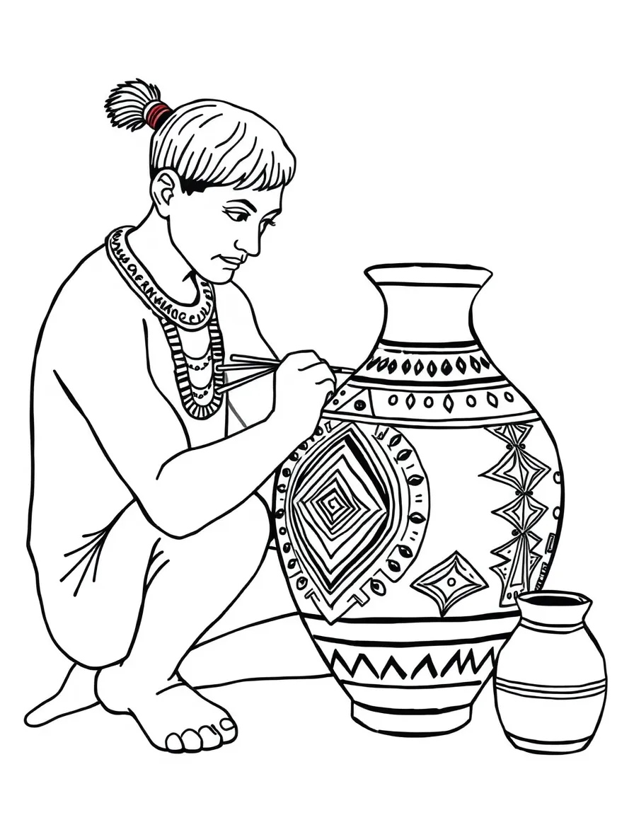 (Peru) A potter painting a red and black geometric design on a clay vase in the style of ancient Nazca.