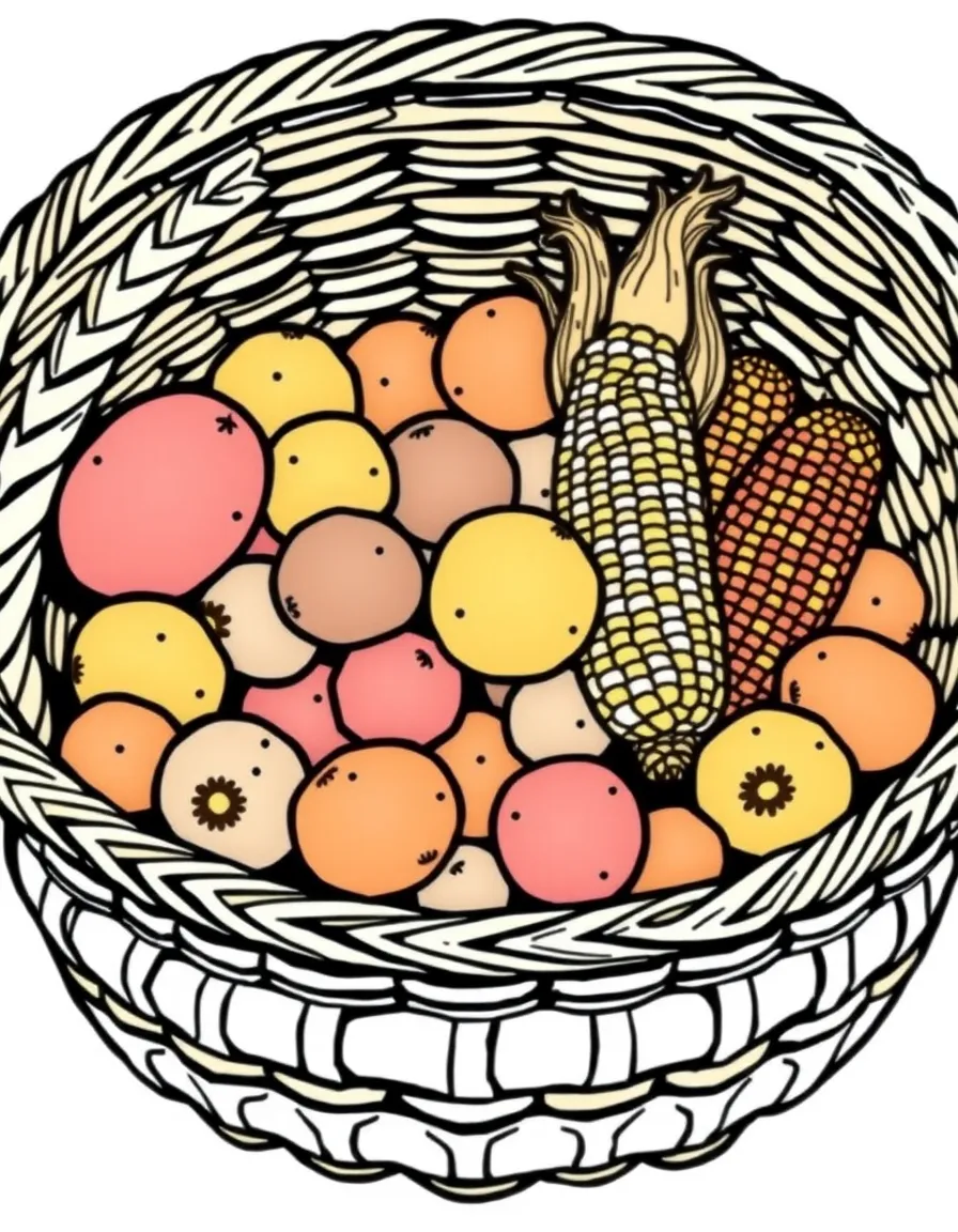(Peru) A basket filled with Peru’s many types of potatoes and corn cobs of various colors.