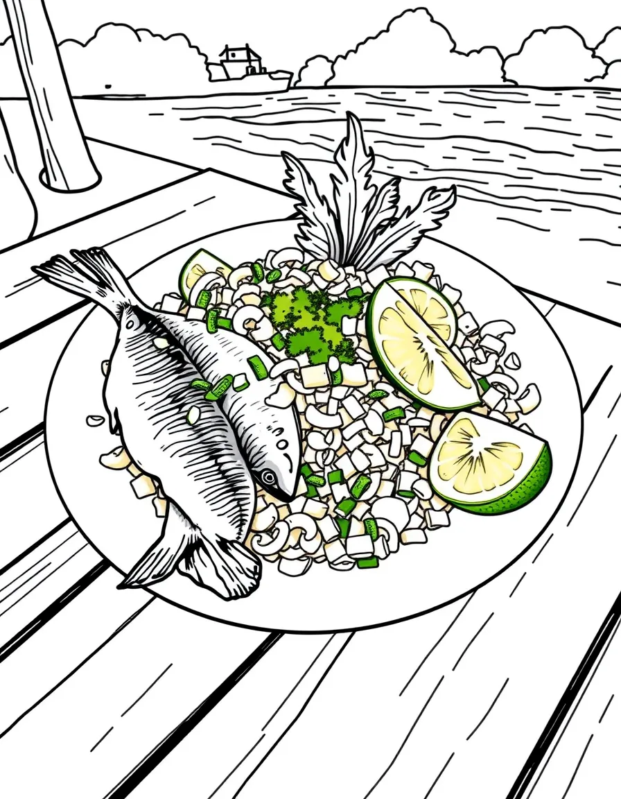 (Peru) A plate of fresh ceviche with fish, lime wedges, onions, and corn on a beachside table.