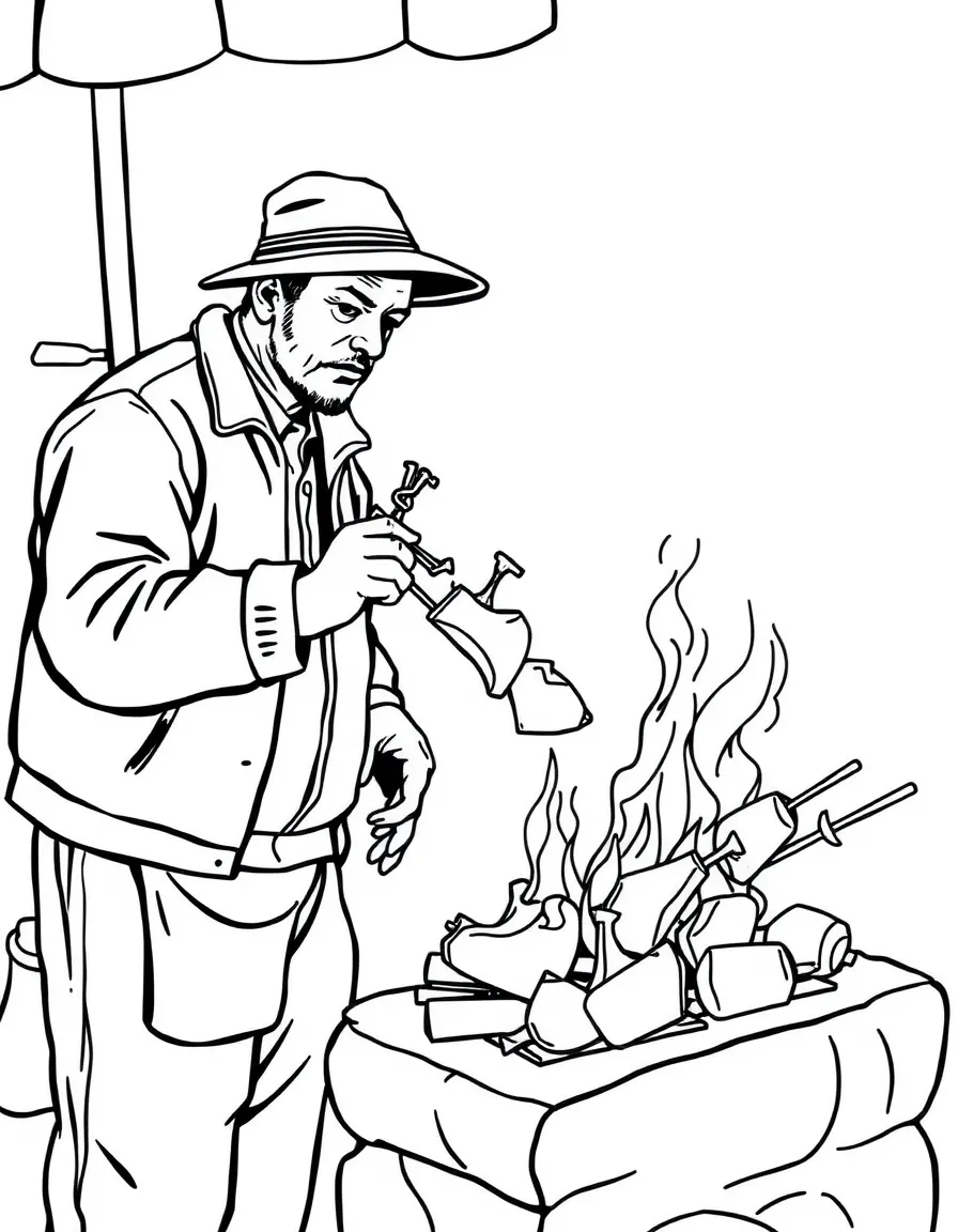 (Peru) A street vendor grilling beef heart anticucho skewers over a small charcoal fire.